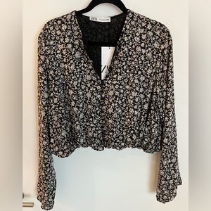 NWT Zara Black floral crop long sleeve top Size XL